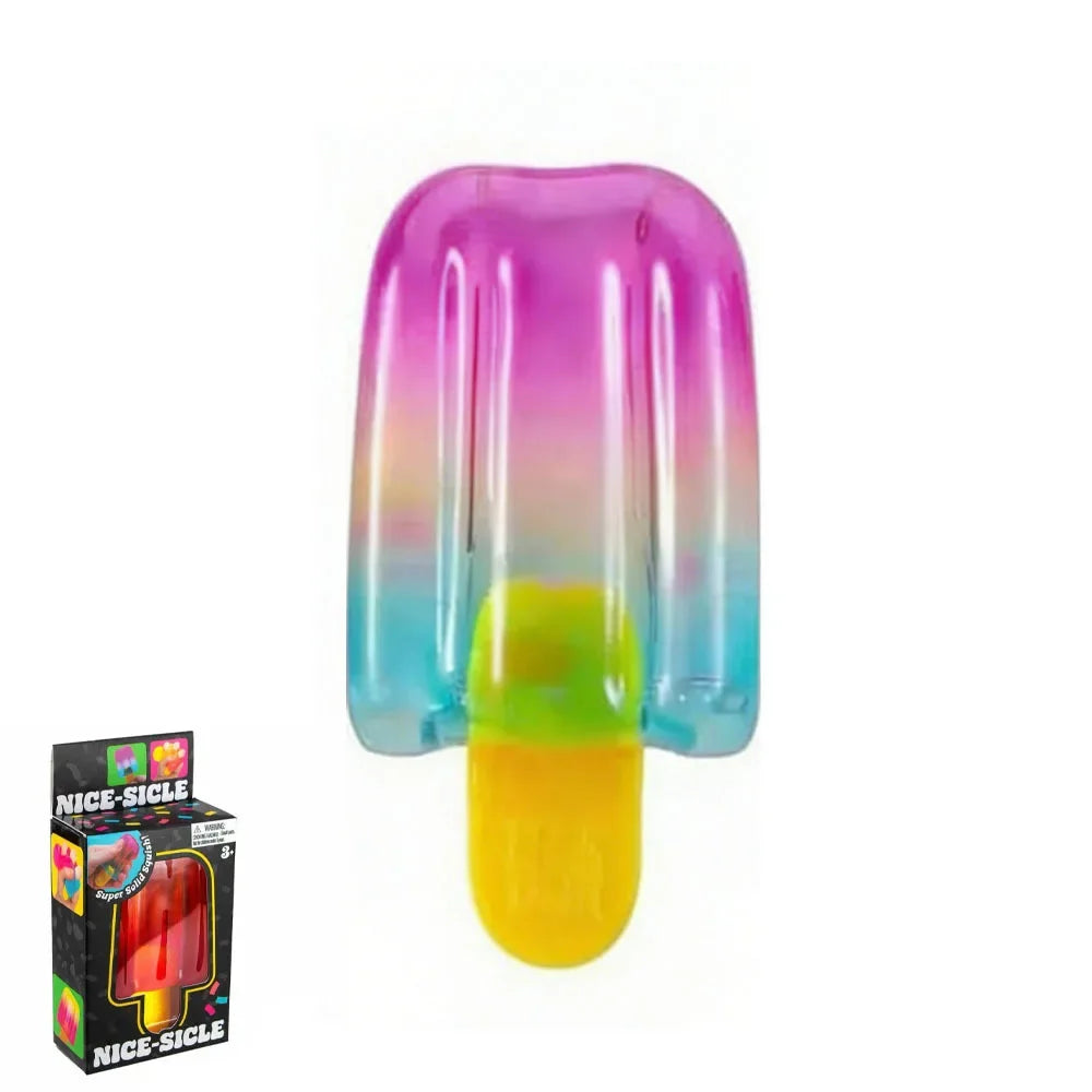 Colorful inflatable ice cream toy with packaging on a white background