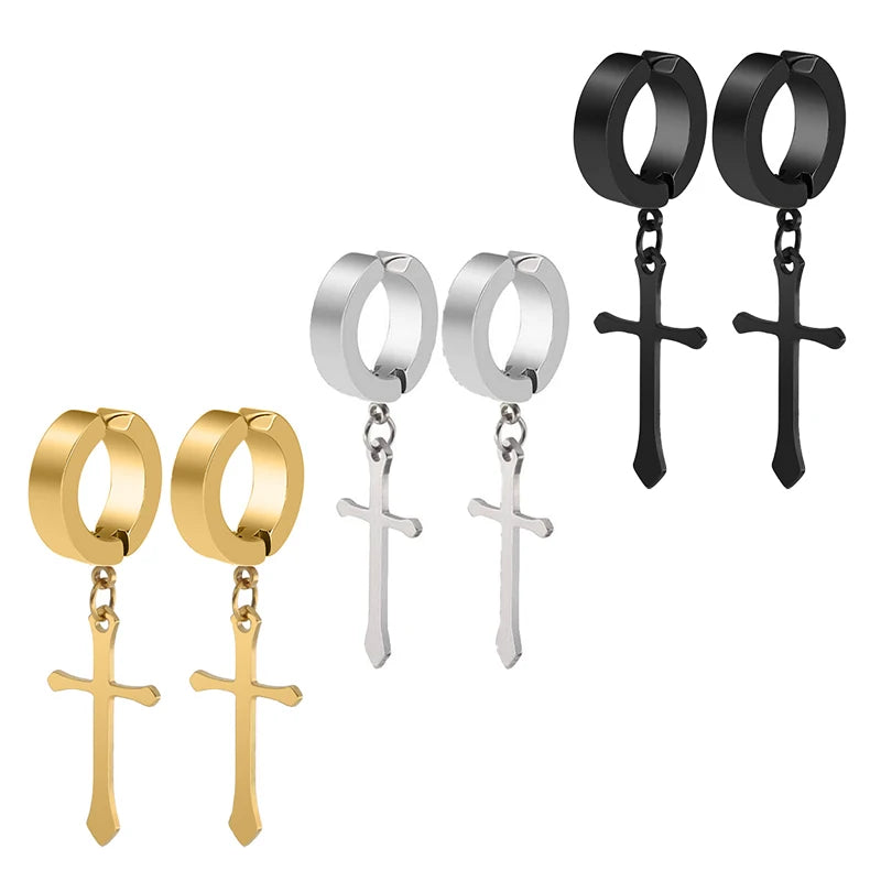 Fashion Titanium Steel Cross Ear Clip Earrings For Men Women Stainless Steel Punk Black Single Earring Fake Earrings Jewelry