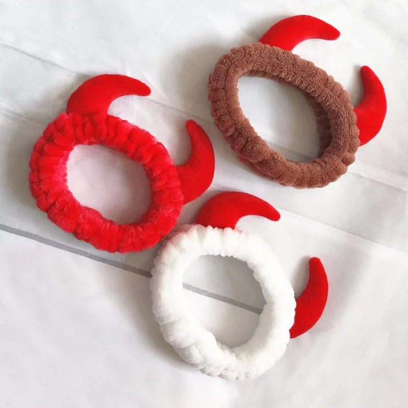 Cute Red Horns Elastic Hairbands for Women Wash Face Sport Soft Plush Rabbit Ears Hea alternate view