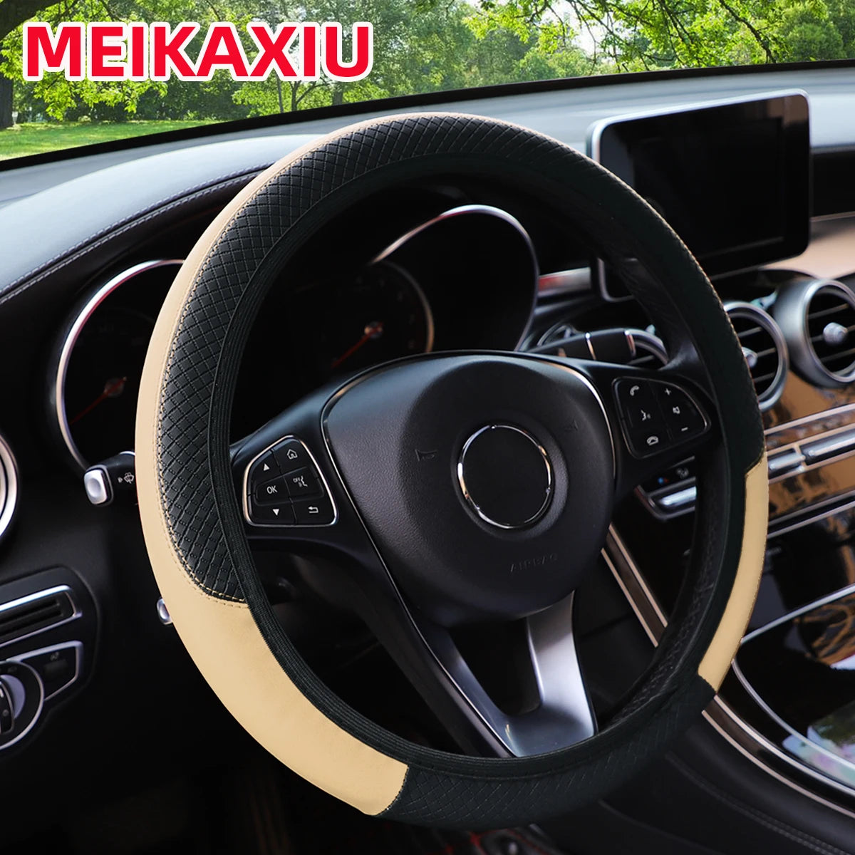 PU leather checkered embossed multi-color car rimless steering wheel cover suitable f lifestyle view