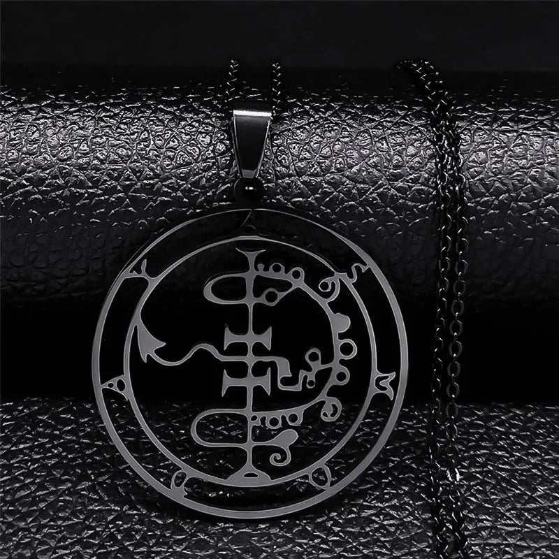 Sigeal Sigil De Lucifer Stainless Steel Satan Necklace | Asmoday Key Baphomet Pendant close-up view