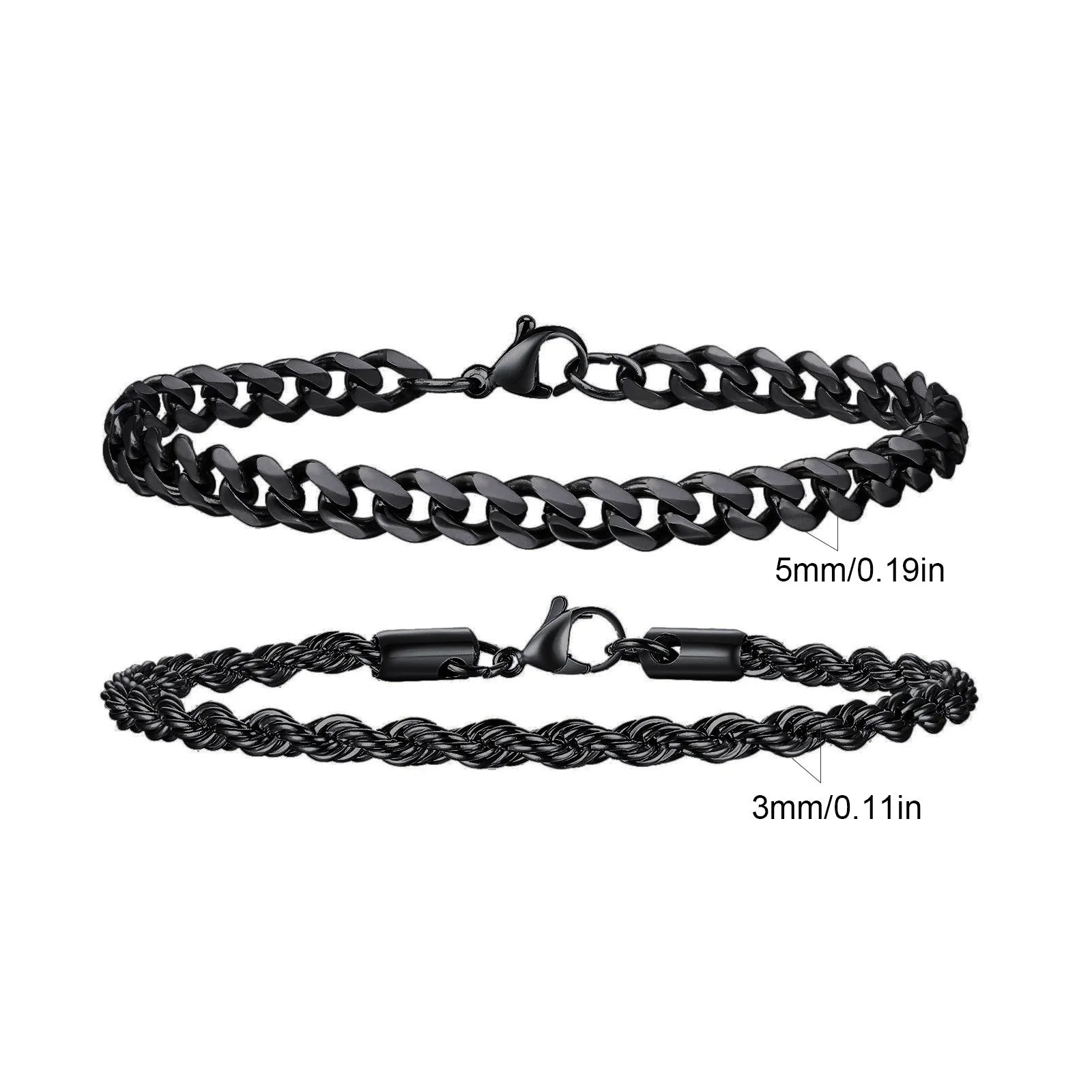 Men's Stainless Steel Chain Bracelets Set | 2pcs Silver Gold Black Twist Rope & Cuban close-up view