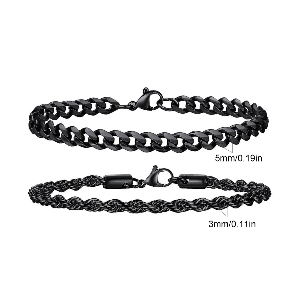 Men's Stainless Steel Chain Bracelets Set | 2pcs Silver Gold Black Twist Rope & Cuban close-up view