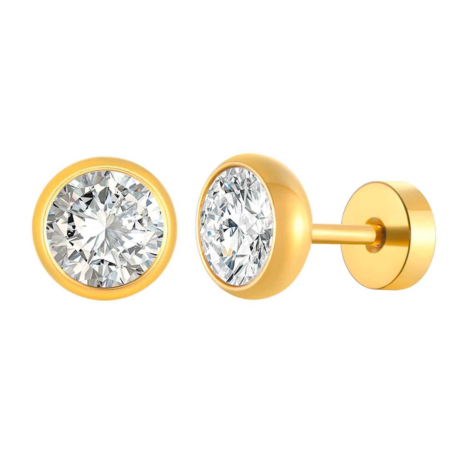 Vnox Multi-faced Cut Zircon Stone Earrings for Men, Screw Back Stud Barbell Shaped Earri detail view