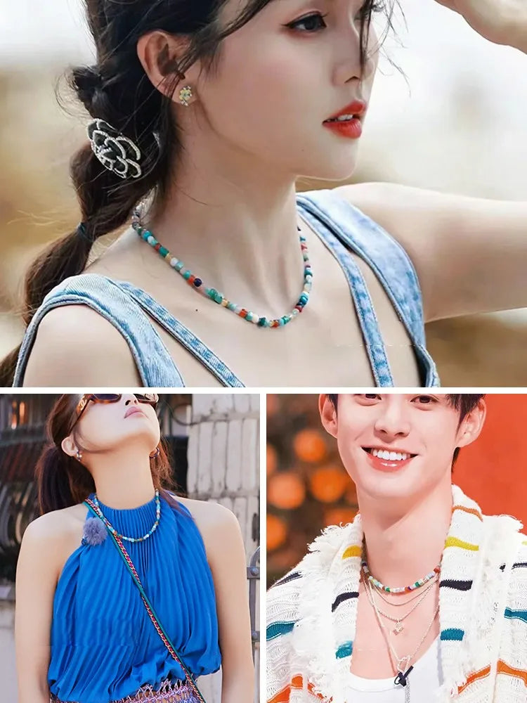 Imitate Colorful Natural Stone Beaded Necklace | Women's Sweet Fashion Jewelry Set wit close-up view