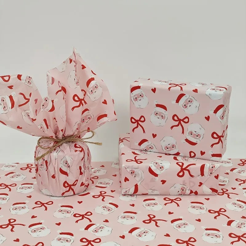 Pink Santa Claus Bow Heart Pattern Wrapping Paper | Christmas Gift Wrap for Fragile Items