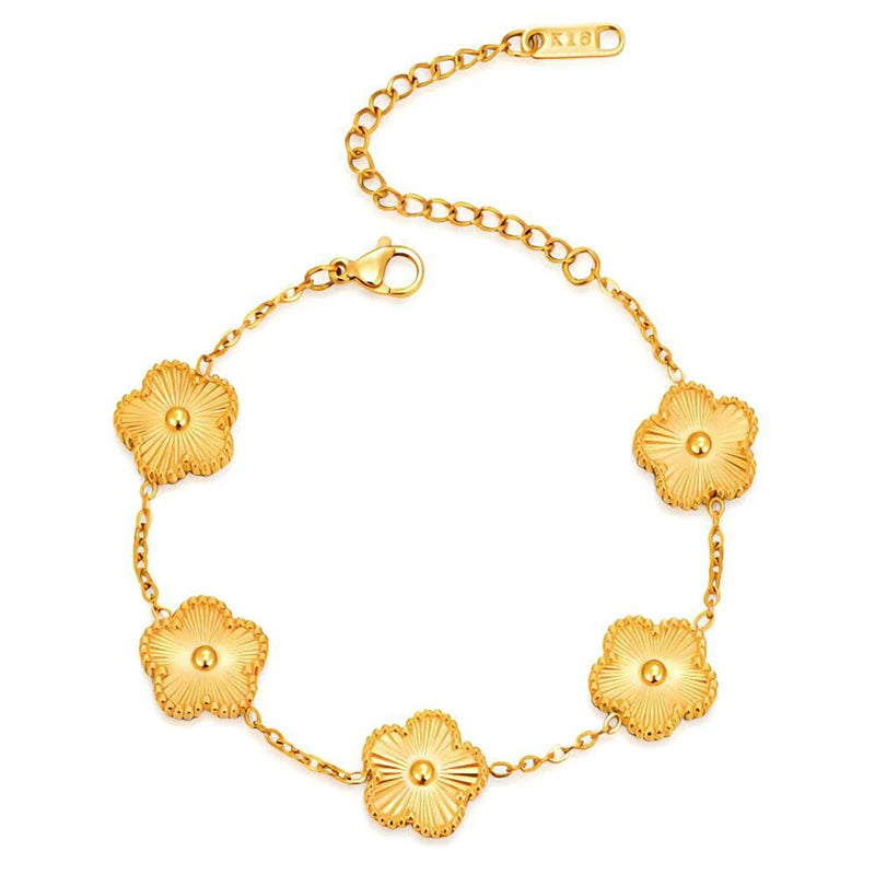 14K Gold Plated Stainless Steel Necklace Woman Five Leaf Petals Double Sided Necklaces close-up view