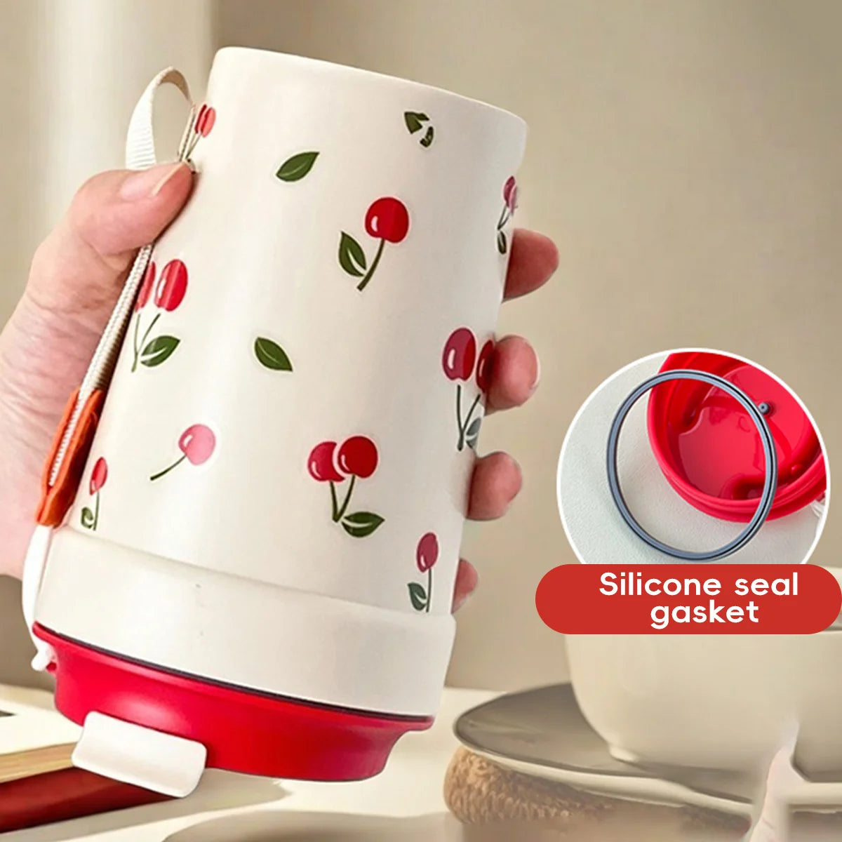350/400ML Plastic Coffee Mug With Cherry Pattern Travel Portable Water Bottle Tumbl additional angle