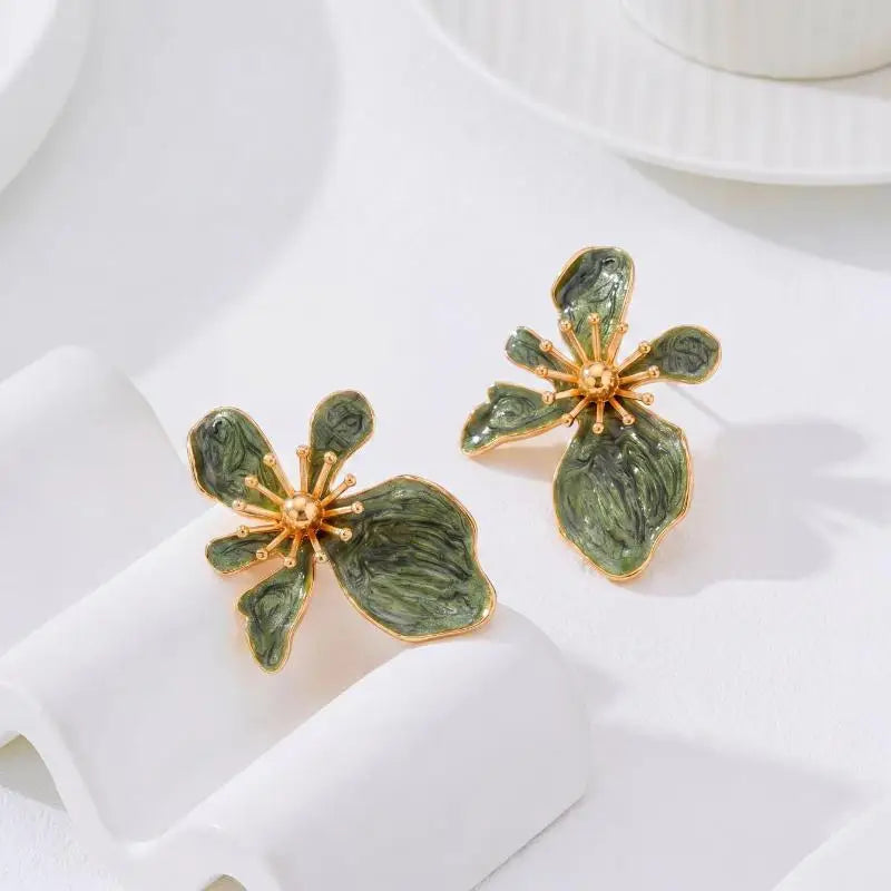 Pearl Flower Earrings Black Shaped Dangle Drop White Faux Polka Dot Gold Tone Details alternate view