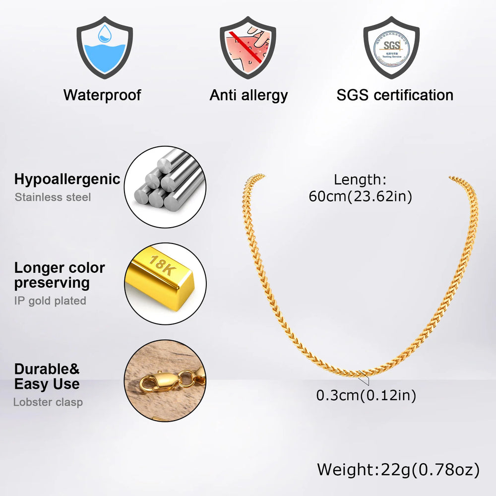 Men's Franco Chain Necklace | 3MM Thick Stainless Steel Gold Necklace additional angle