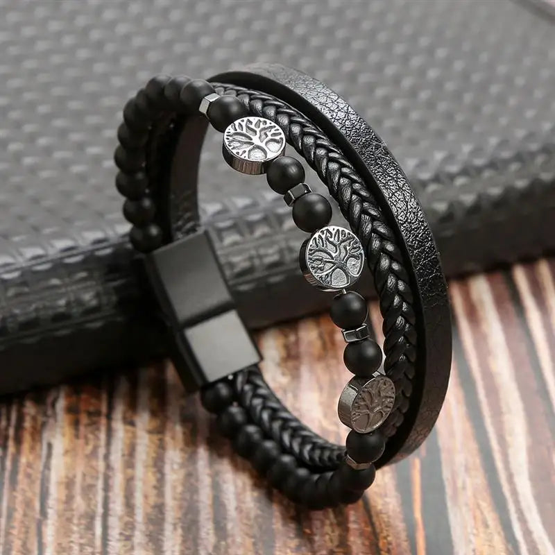 Classic Men's Leather Bracelet New Style Hand-woven Multi-layer Combination Accessory close-up view
