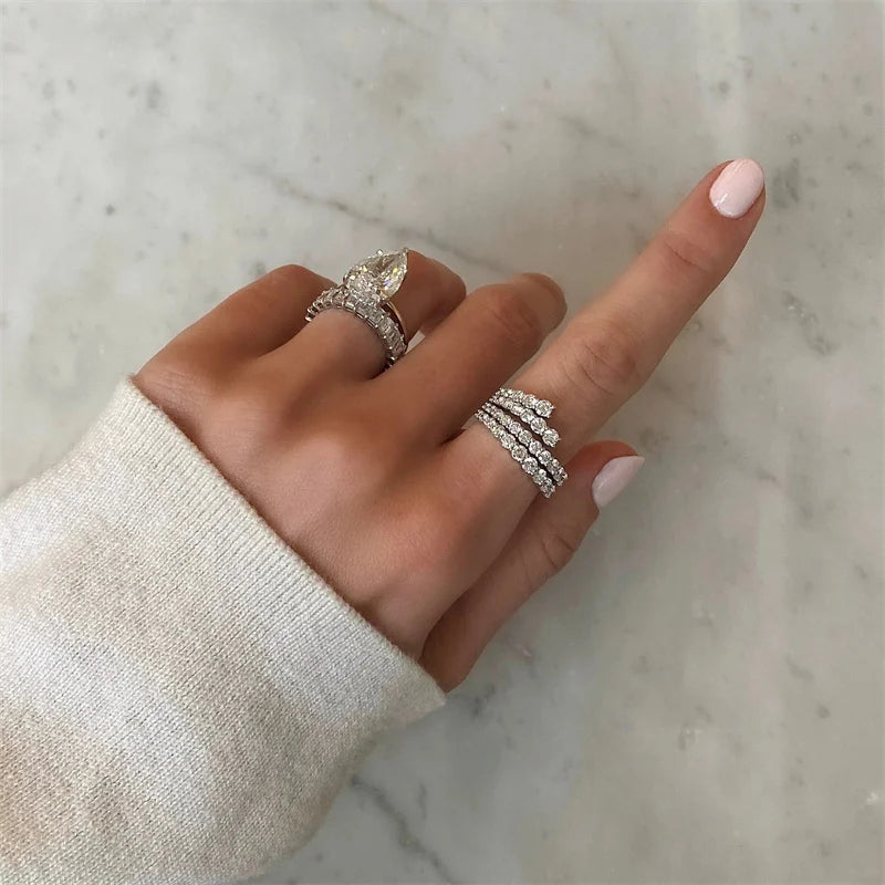 Huitan Simple Stylish Lines Cubic Zirconia Rings Women Silver Color Band Bridal Weddi alternate view