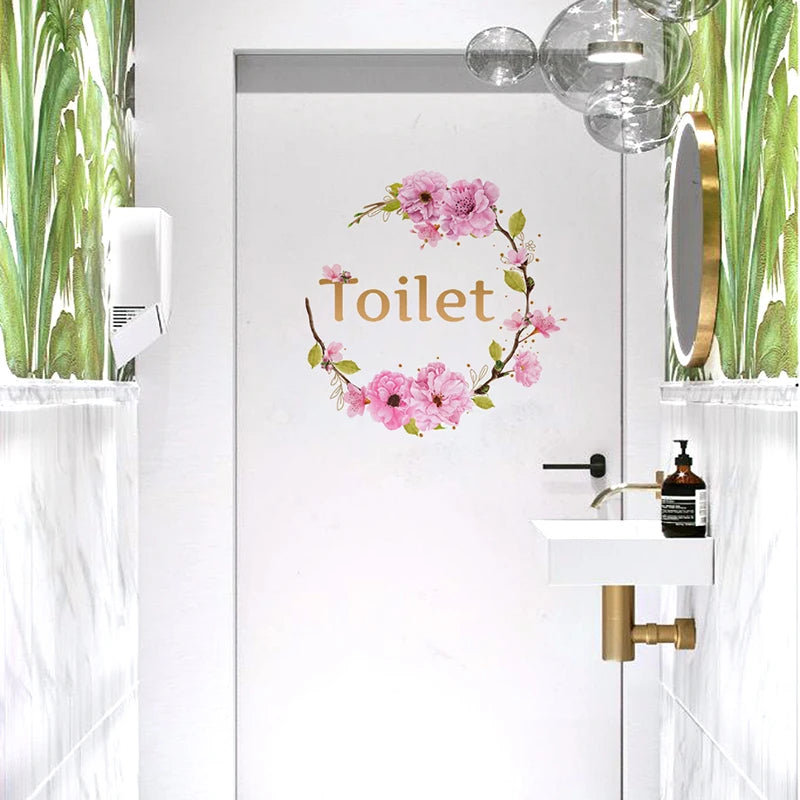 Flower Toilet Door Wall Stickers | Elegant Bathroom Decor Signs lifestyle view