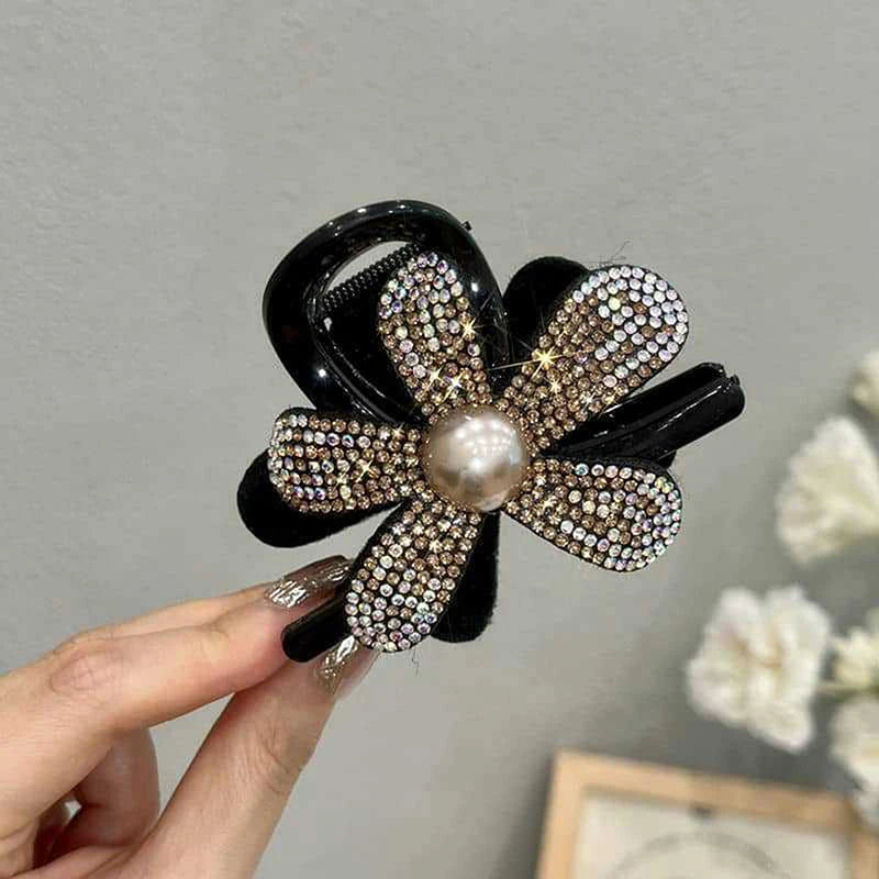 Fashion Shiny Rhinestone Flower Hair Claw Clip Headwear Elegant Black Ponytail Shark Clip Hairgrips For Ladies Hair Accessories