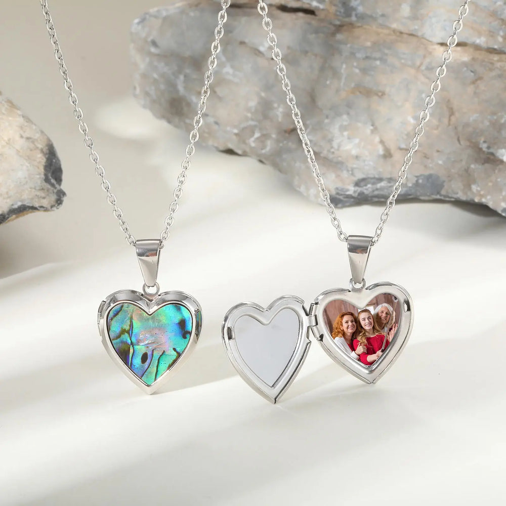 Custom Photo Heart Pendant | Abalone Shell Stainless Steel Necklace alternate view