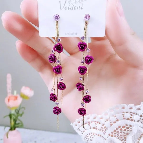 Red Rose Drop Earrings Zinc Alloy Vintage Rhinestone Flowers