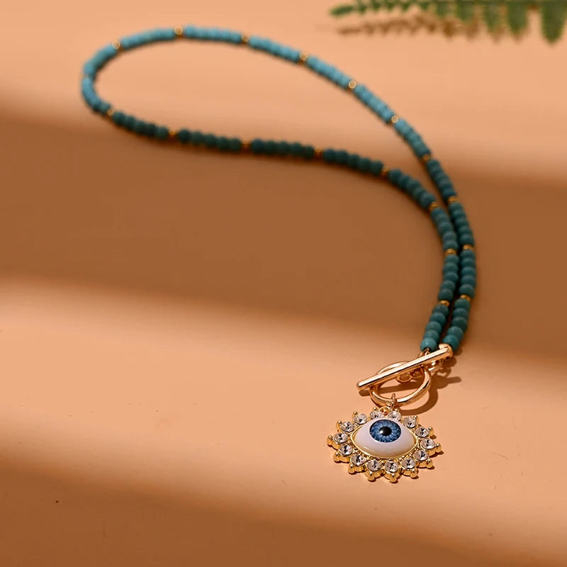 Colorful Stone Choker Necklace | Round Evil Charm Pendant for Women additional angle
