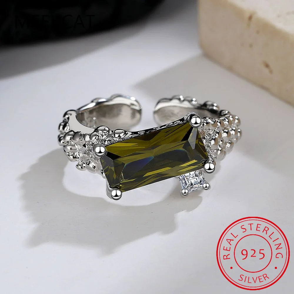 Emerald Cut Natural Green Peridot 925 Sterling Silver Irregular Texture Adjustable Ri lifestyle view