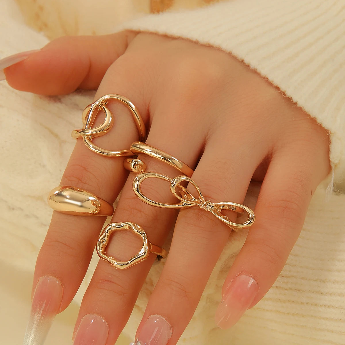Fashionable Punk Style Exaggerated lip Butterfly Pearl Fish Tail Ring Gold Set, Suita lifestyle view