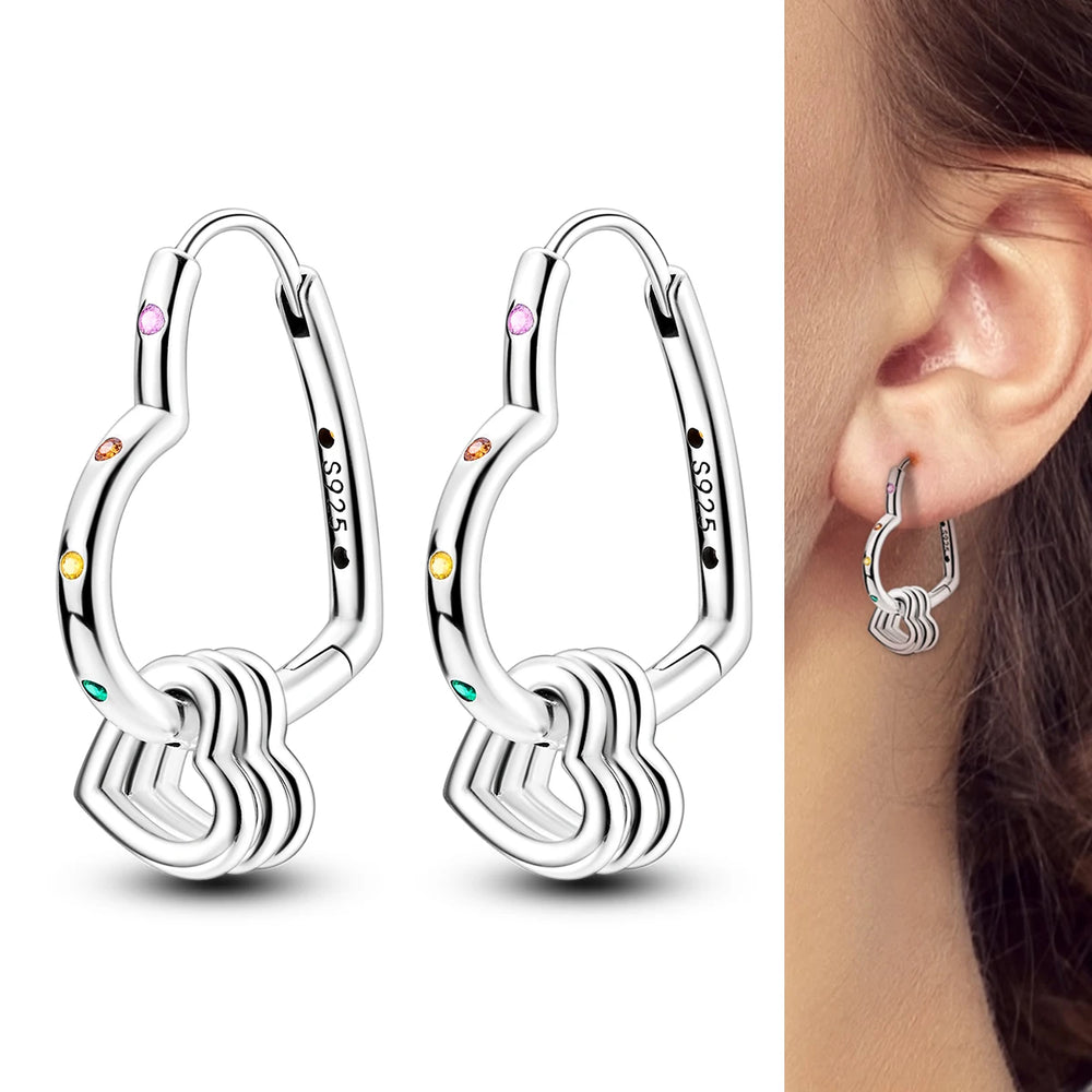 Hot Sale 925 Sterling Silver Heart Earrings Fit Original Charms Hoop Earrings For W additional angle