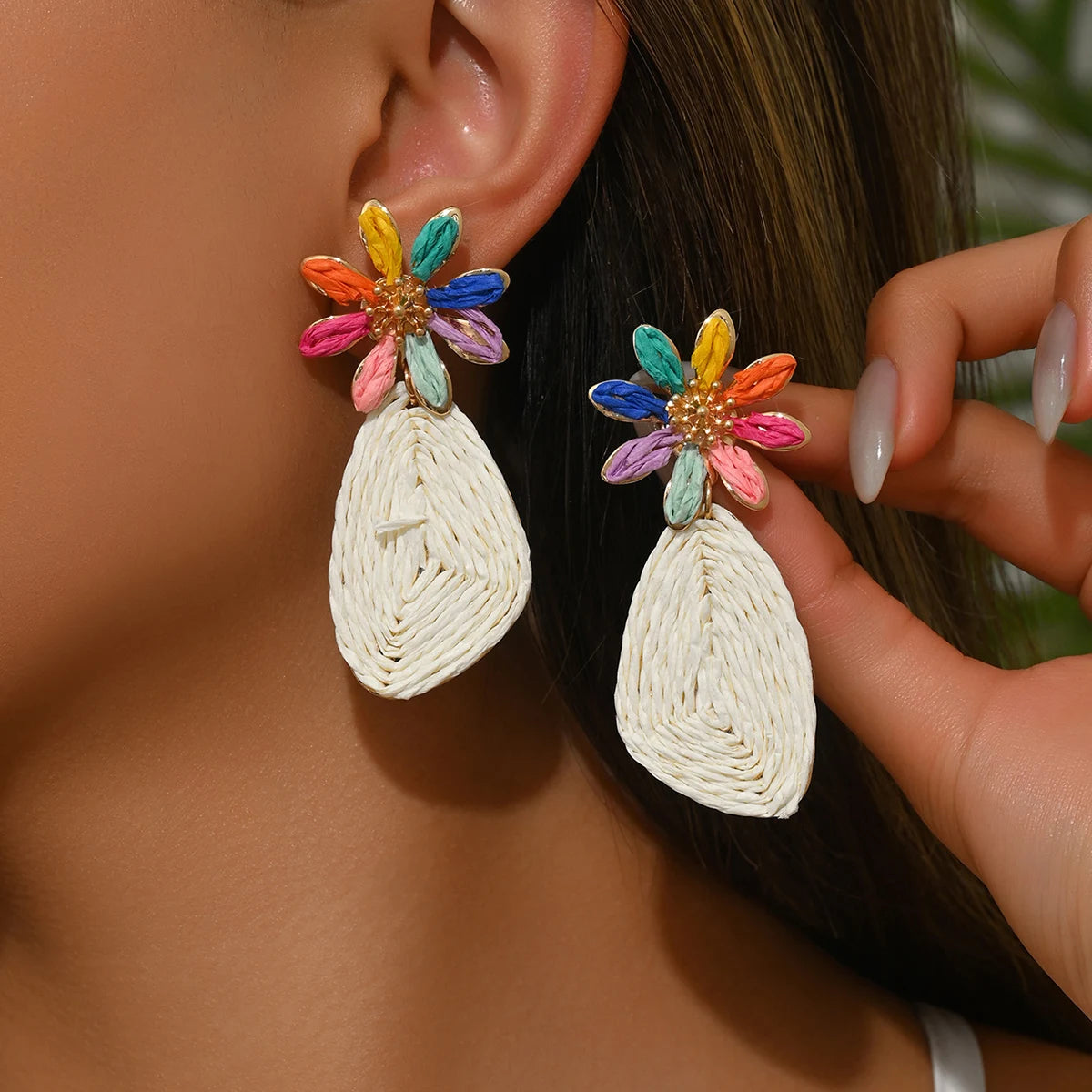 Bohemian Raffia Flower Drop Earrings | Handmade Summer Jewelry