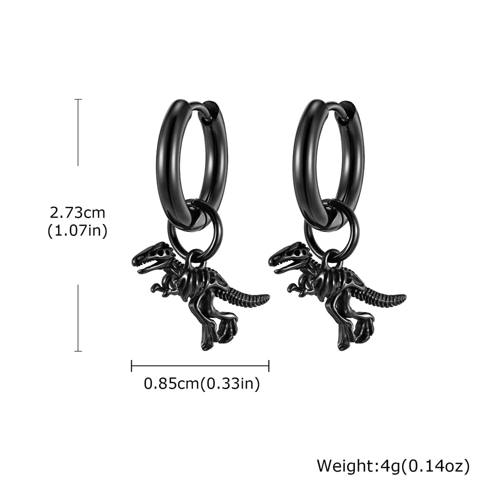 Dinosaur Drop Earrings | Stainless Steel Punk Rock Jewelry for Men and Women detail view