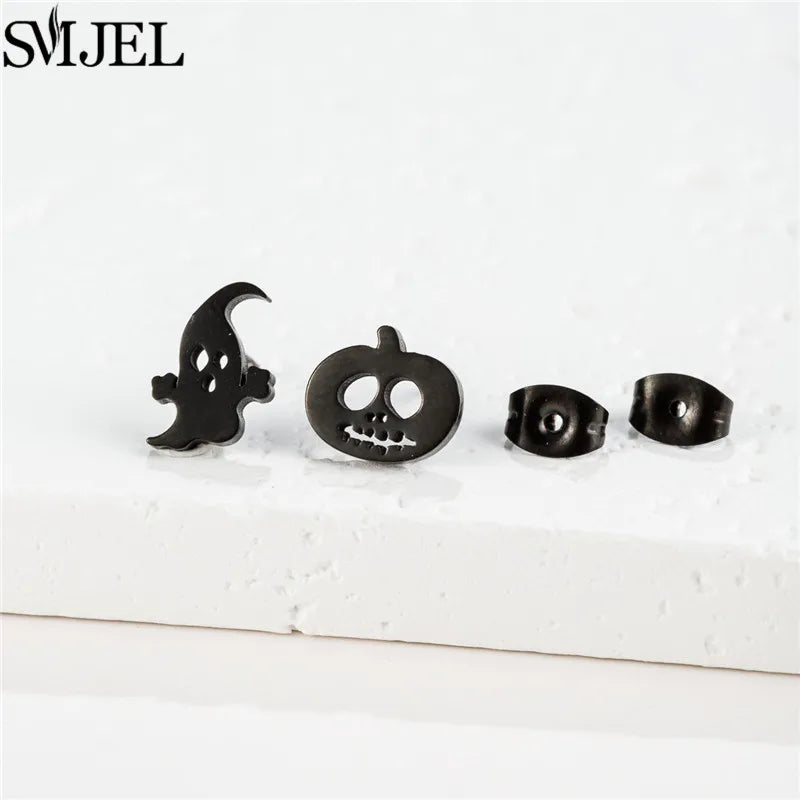 Punk Halloween Earring Black Stainless Steel Ghost Pirate Skull Stud Earrings Women Men detail view