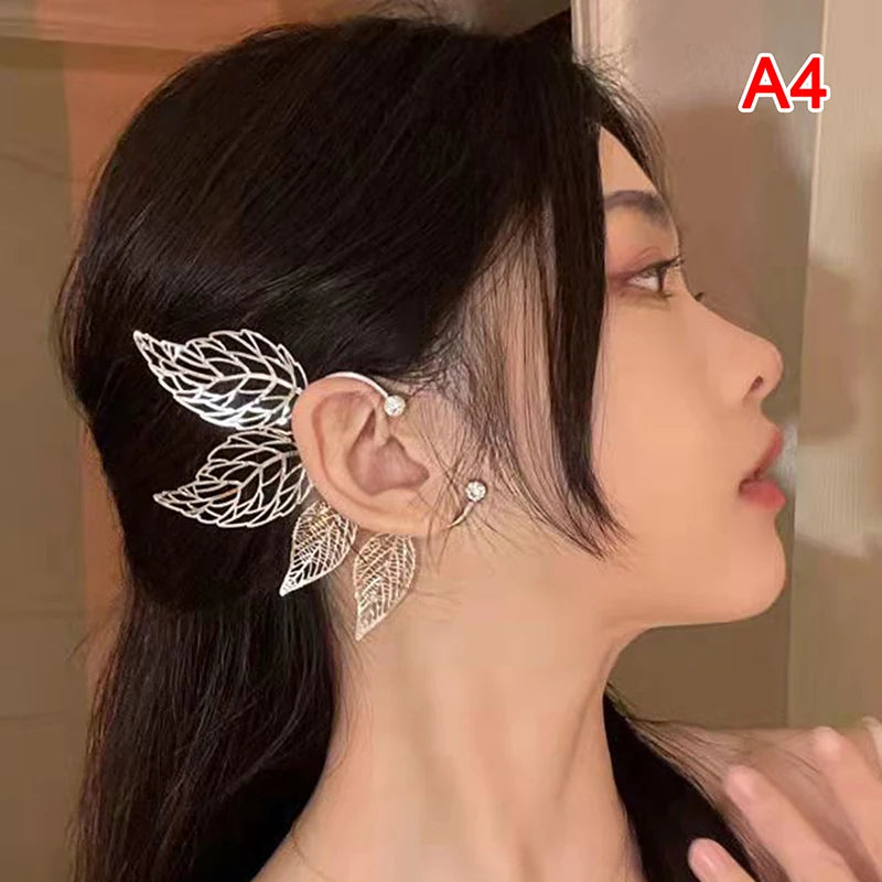 1Pc Chic Elf Ear Cuff Maple Leaf Hollowed Zircon Leaf Cosplay Fairy Earring Clips for lifestyle view
