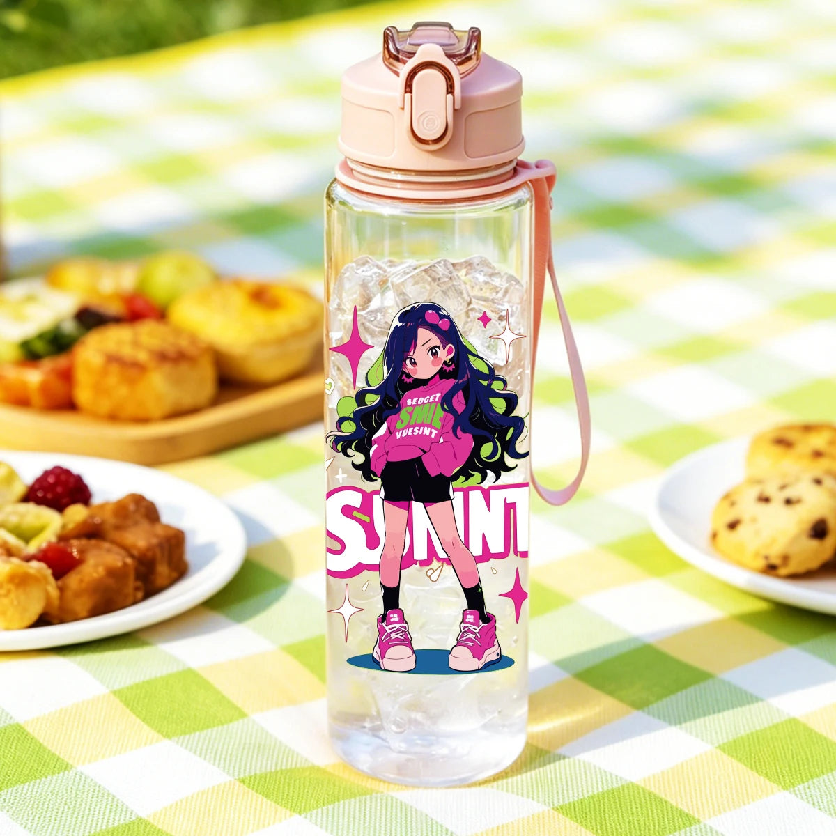 1 Piece 750ml (26 fl oz) Cartoon Anime Girl Printed Straw Cup, Summer Water Bottle, B alternate view