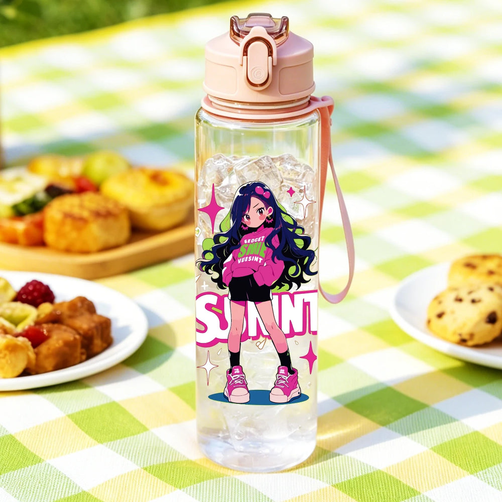 1 Piece 750ml (26 fl oz) Cartoon Anime Girl Printed Straw Cup, Summer Water Bottle, B alternate view