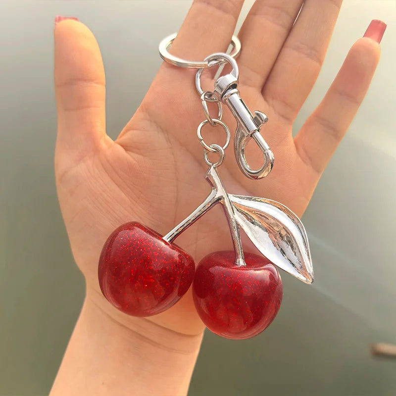 Fashion Delicate Red Cherry Charm Keychain 3 Color Gold Silver Keyring Elegant Women's Backpack Purse Charm Earrings Jewelry