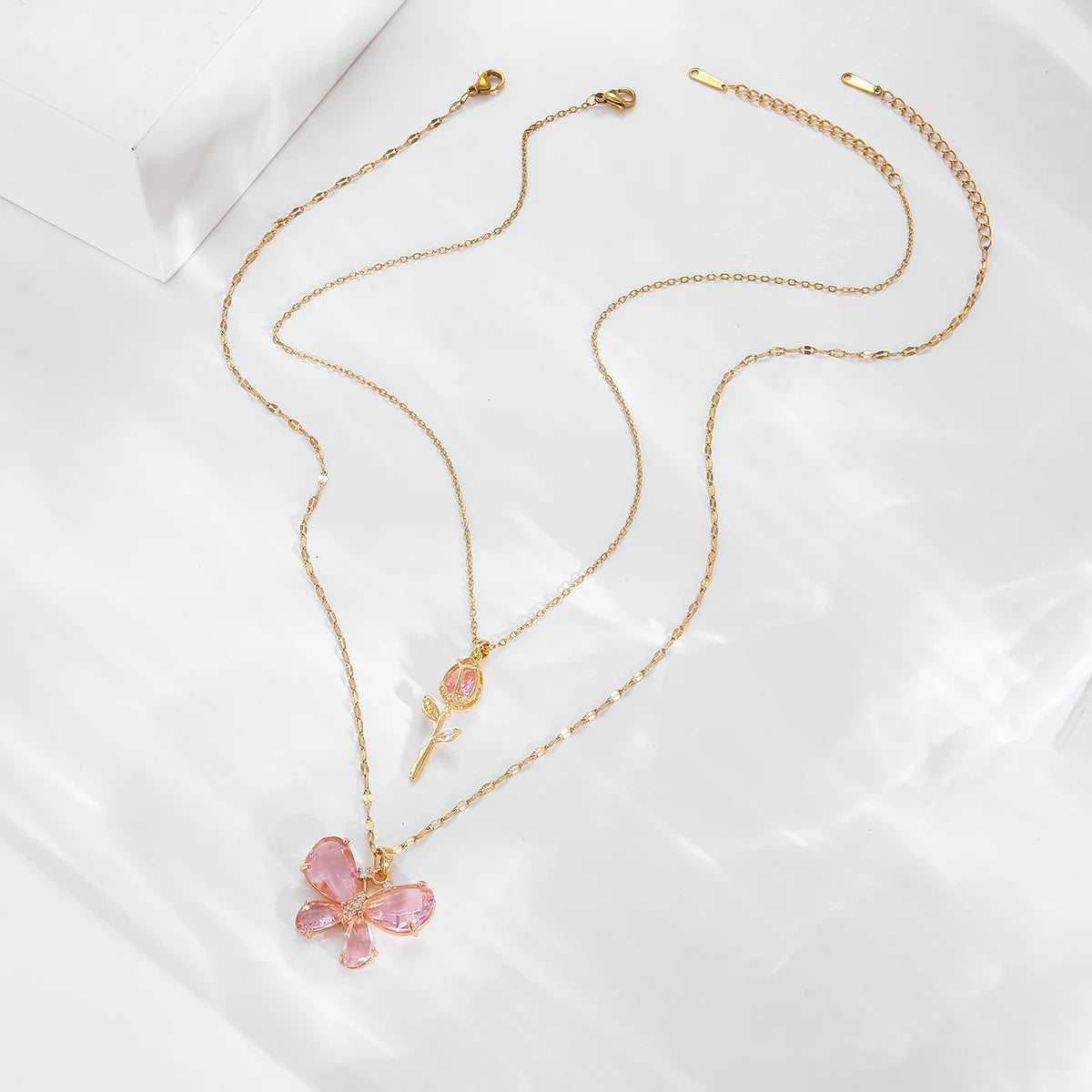 Elegant Pink Crystal Butterfly Necklace for Women High-End Zircon Flower Pendant Fashi close-up view