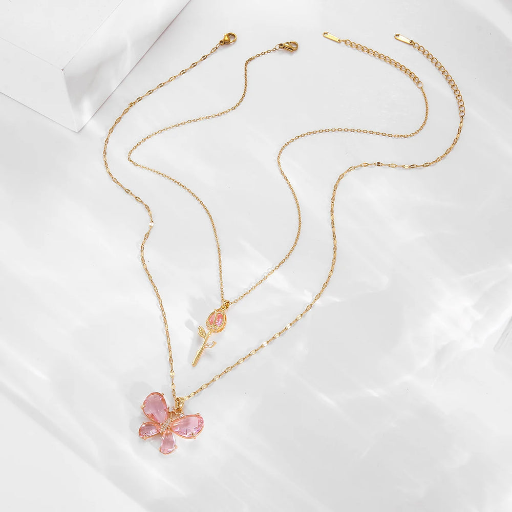 Elegant Pink Crystal Butterfly Necklace for Women High-End Zircon Flower Pendant Fashi close-up view