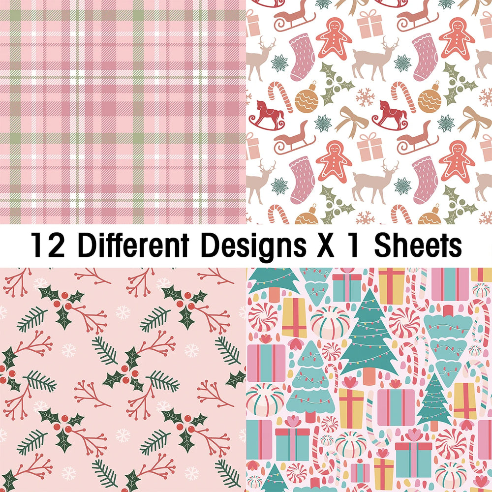 12pcs Retro Christmas Scrapbook Paper | Christmas Tree Design Single Sided DIY Craft Pap detail view