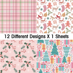 12pcs Retro Christmas Scrapbook Paper | Christmas Tree Design Single Sided DIY Craft Pap detail view