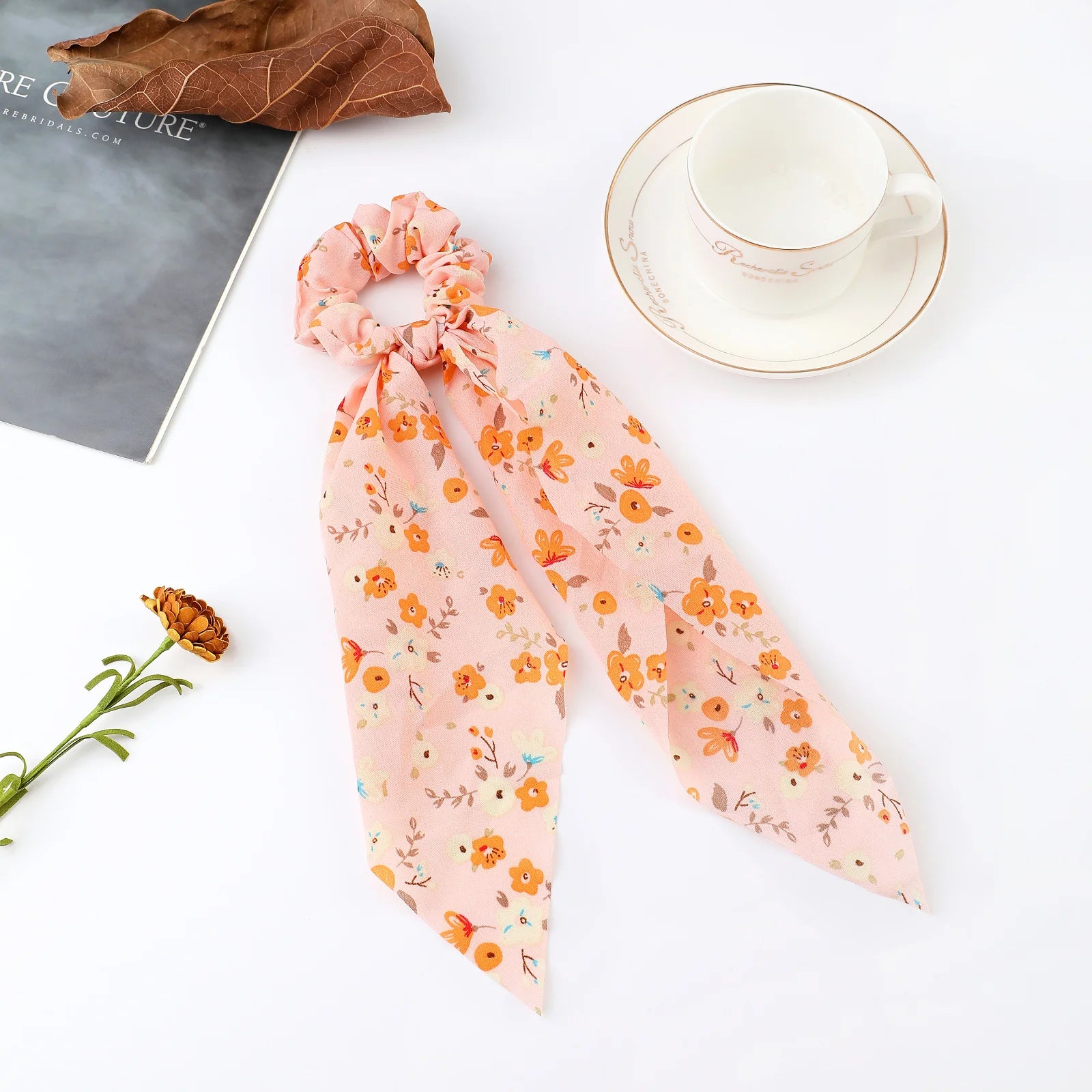 Fashion Flower Print Bow Satin Long Ribbon Ponytail Scarf Tie Scrunchies Women Girl additional angle