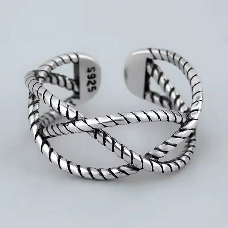 PANJBJ 925 Sterling Silve Multilayer Irregular Geometric Ring for Women Simple Charm Retro Jewelry Gift