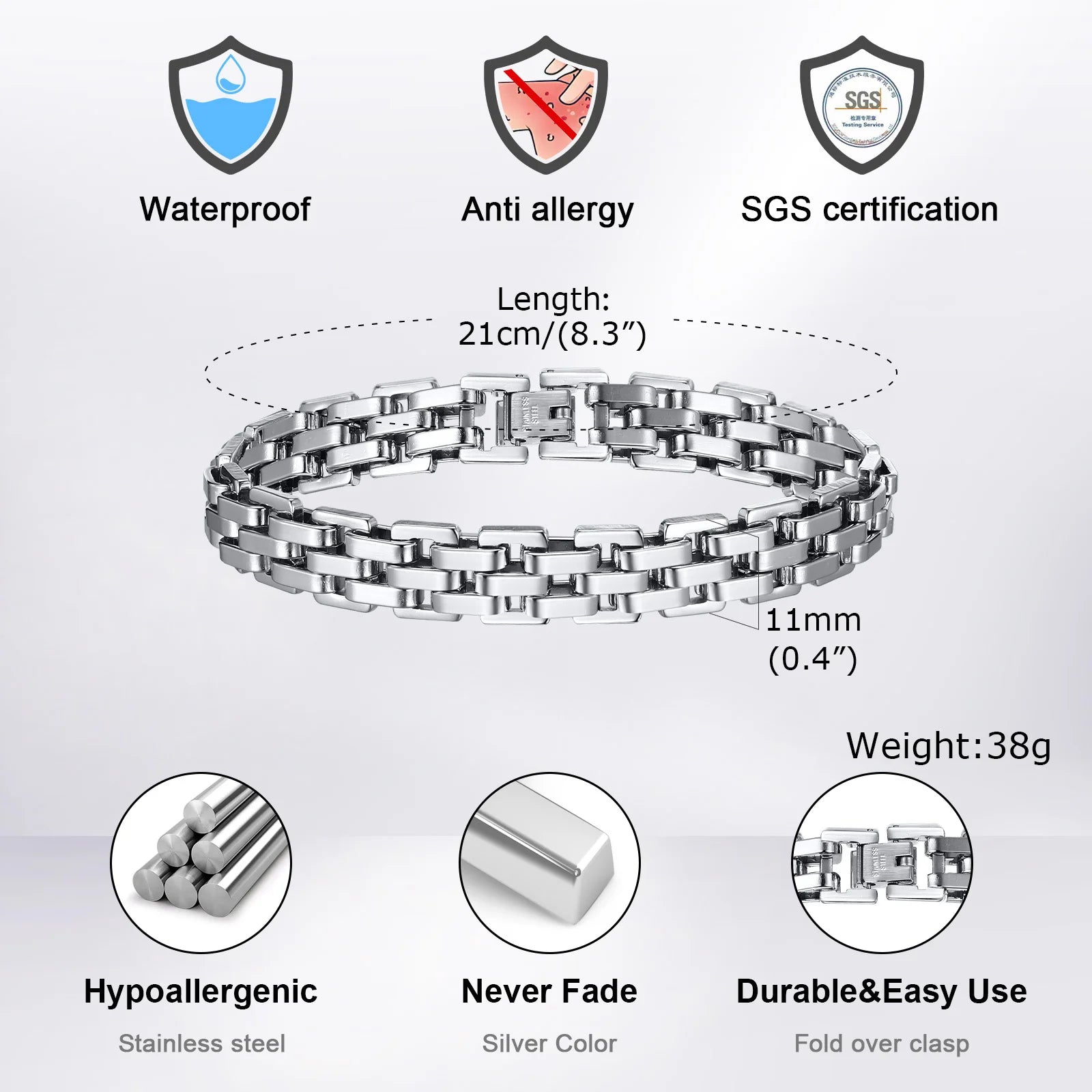 Chunky Stainless Steel Bracelet for Men | Silver Chain Link Watch Band close-up view