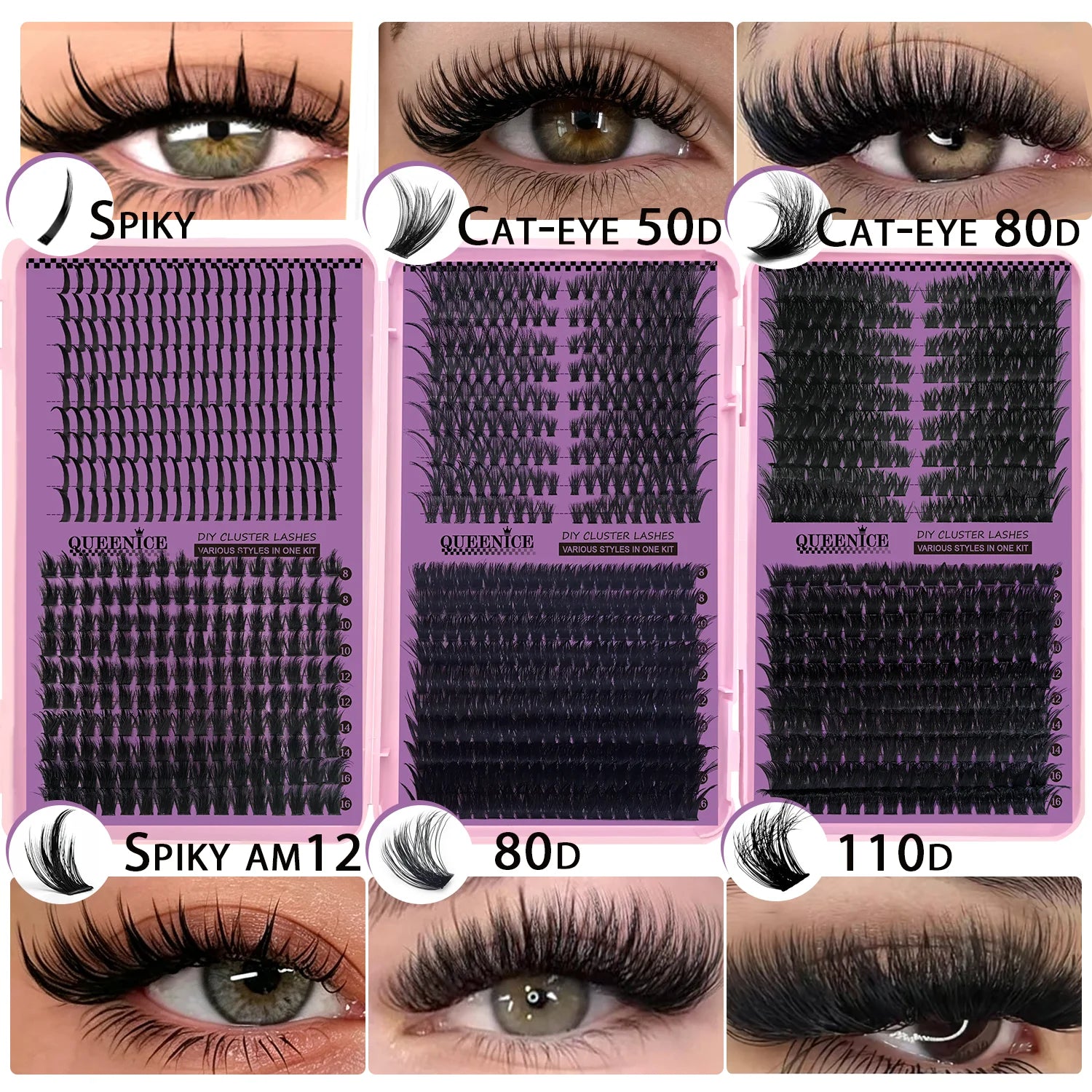 QUEENICE Three Fold Updated New DIY False Eyelash Extension 6 Mixed Styles Fluffy Voluminous  Cat eye Spiky lash extensions