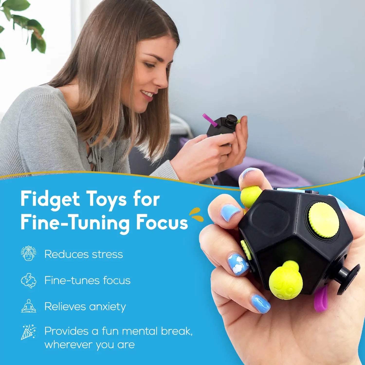 12 Sides Fidget Cube | Anti Stress Sensory Toy for Focus and Calm close-up view