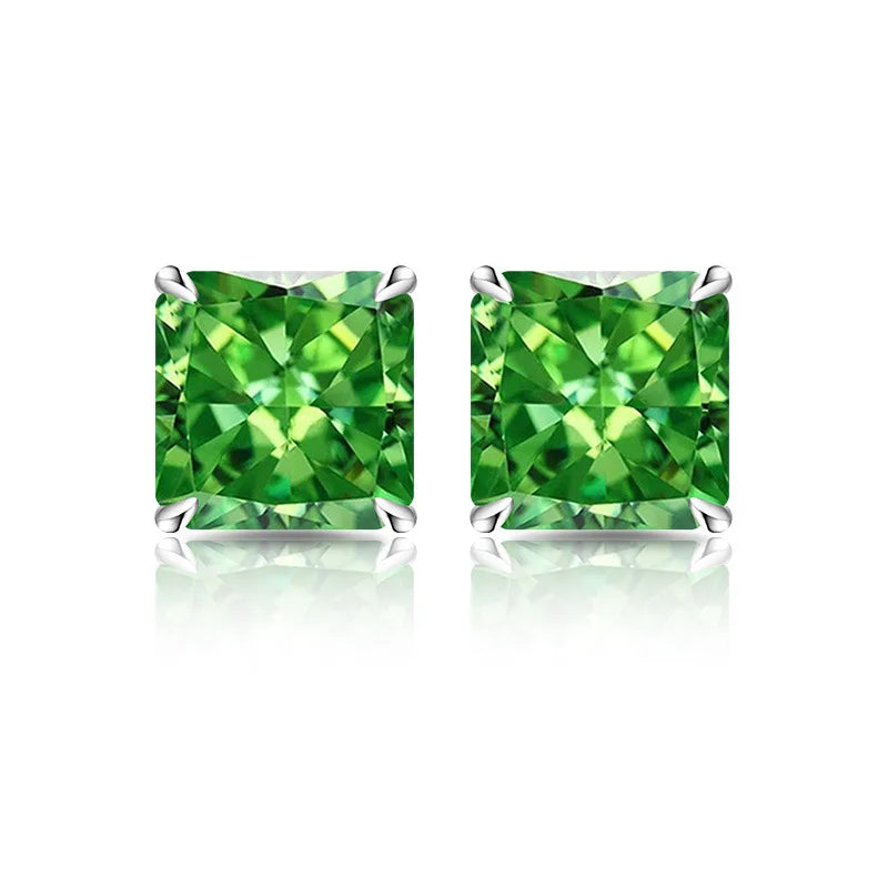 High Carbon Diamond Square 925 Sterling Silver Stud Earrings Premium Color Ice Flower close-up view