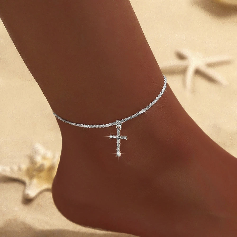 New 925 Sliver Plated CZ Anklet Bracelets for Women Girl Trendy Waterproof Zircon Char close-up view
