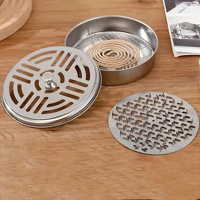 Stainless Steel Mosquito Coil Holder with Lid | Portable Outdoor Mosquito Repellent Bu close-up view