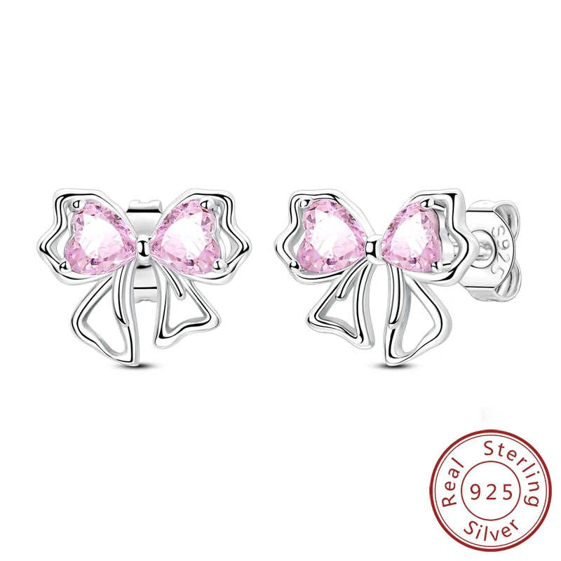 925 Stainless Steel Stud Earrings For Women Girls Simple Flower Bow Star Moon Zircon P close-up view
