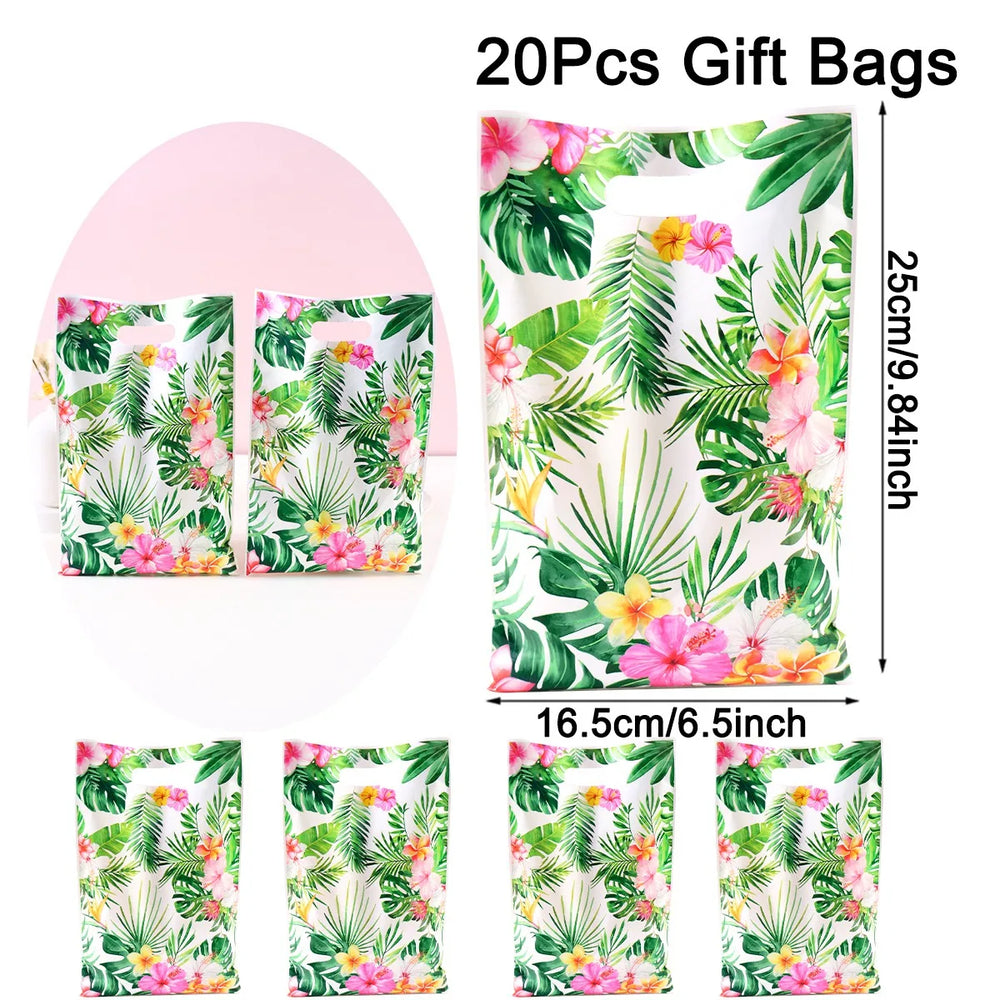 Tropical Hawaiian Party Tablecloth and Flamingo Decor Set | Plastic Table Runner and C close-up view