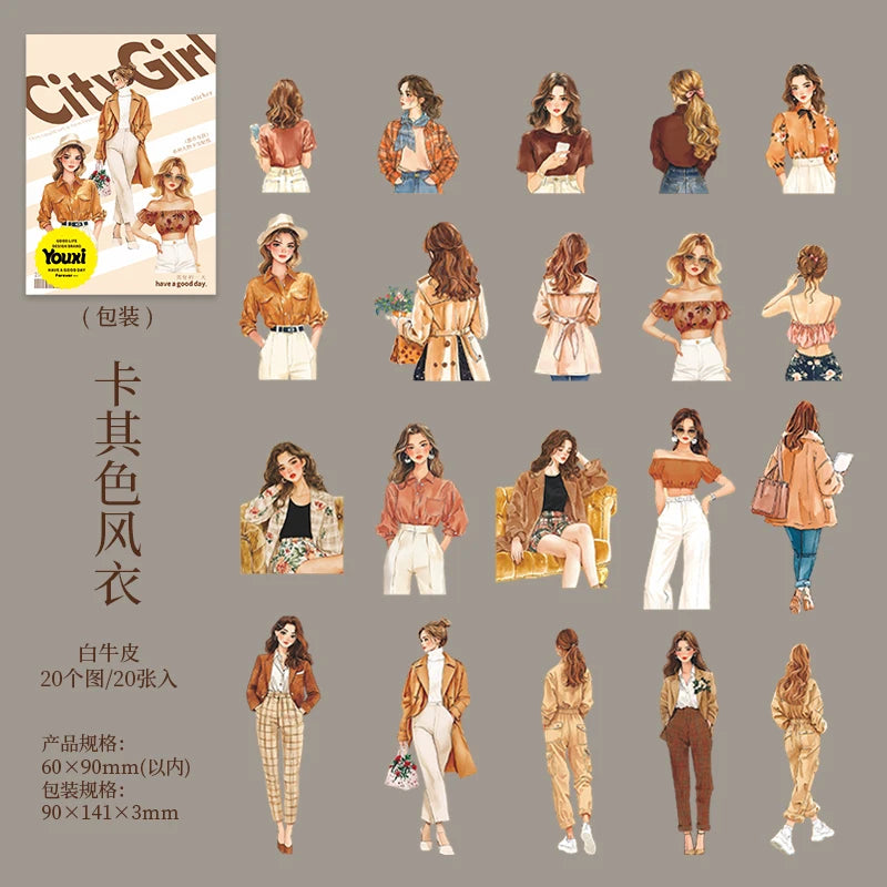 20pcs Fashion Girl Wear Stickers Set | Trendy Character Decals for Laptop Scrapbooking D detail view