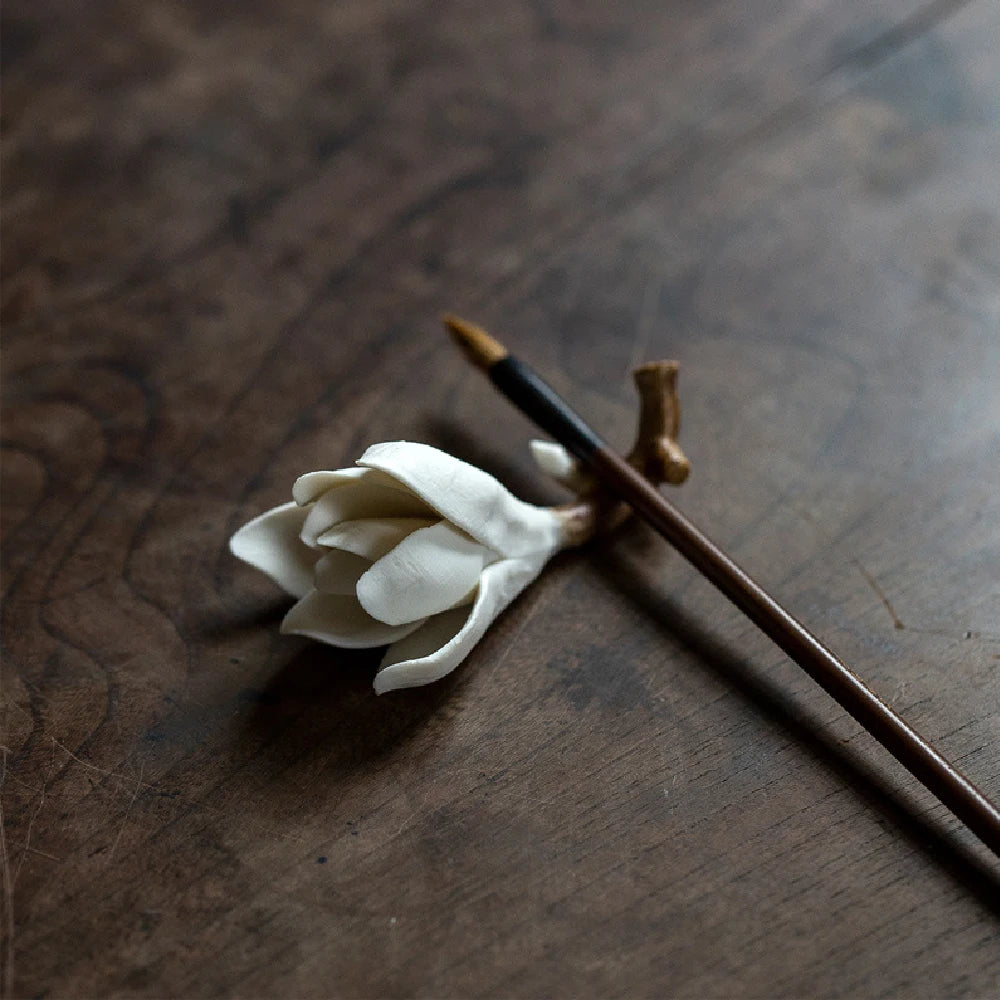 Ceramic Magnolia Flower Incense Holder | Handmade Zen Decor detail view