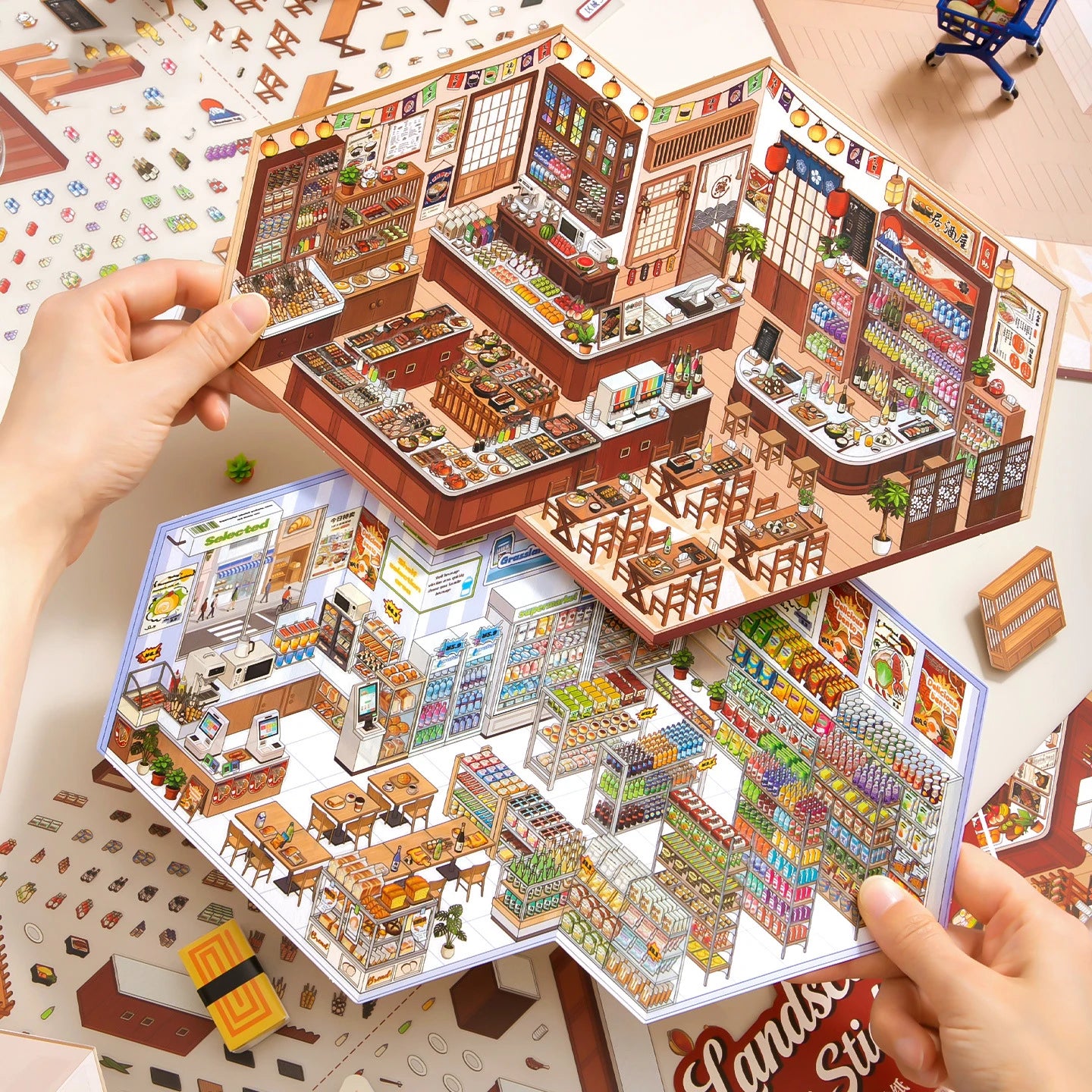Mr. Paper Shop Management Stickers 4pcs - 2.0 Oversize 3D Design, Storage Diorama Journal, Creative