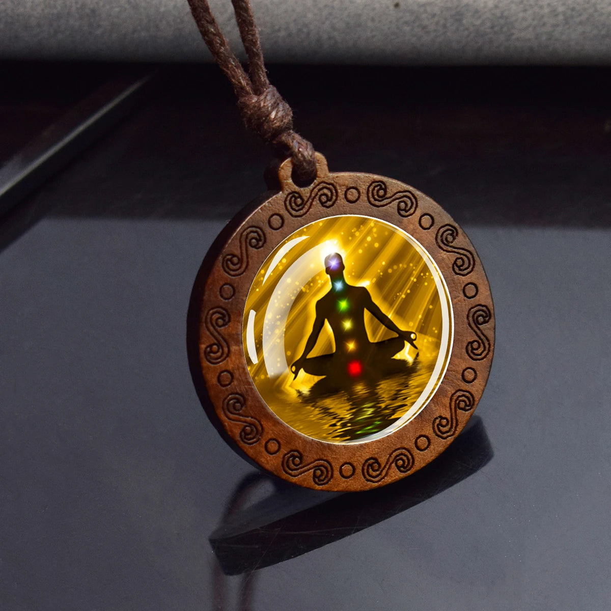 7Chakra Symbol Necklace Yoga Meditation Glass Dome Vintage Wooden Pendant Rope Chains alternate view