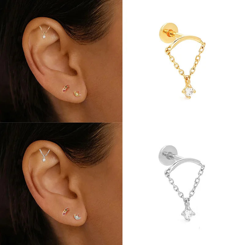 EVISPOL Fashion Stainless Steel Tassel Chain Dangle Stud Earrings for Women Crystal CZ Flat back Car